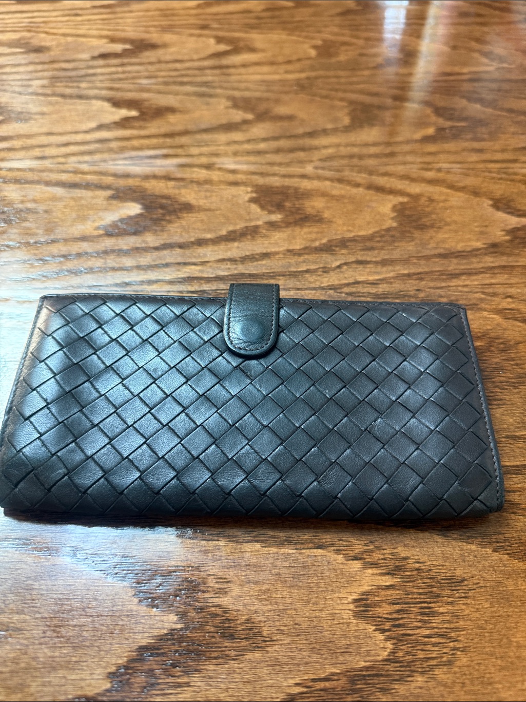 Authentic Bottega Veneta Brown Intrecciato Leather Snap Wallet